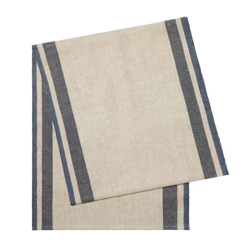 CARAVAN Gordes Natural & Blue Cotton Linen Table Runner Size 20x90  NEW